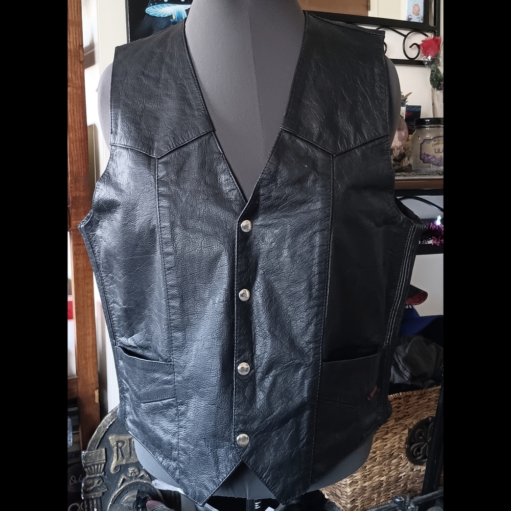 🖤🧡 Interstate Leather Black Genuine Vest Mens Large Biker Motorcycle 2016